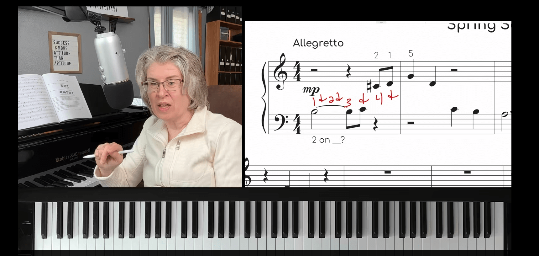 Adult beginner participating in an online piano lesson from home, following structured sheet music guidance designed for clear, confidence-building adult piano instruction.