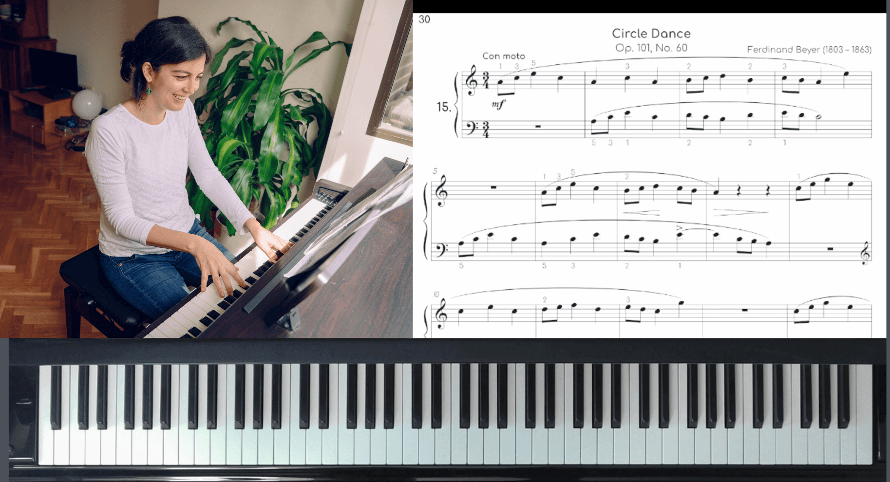 Adult beginner practicing piano at home with structured sheet music guidance, representing practical, confidence-building adult piano lessons designed for busy lives.